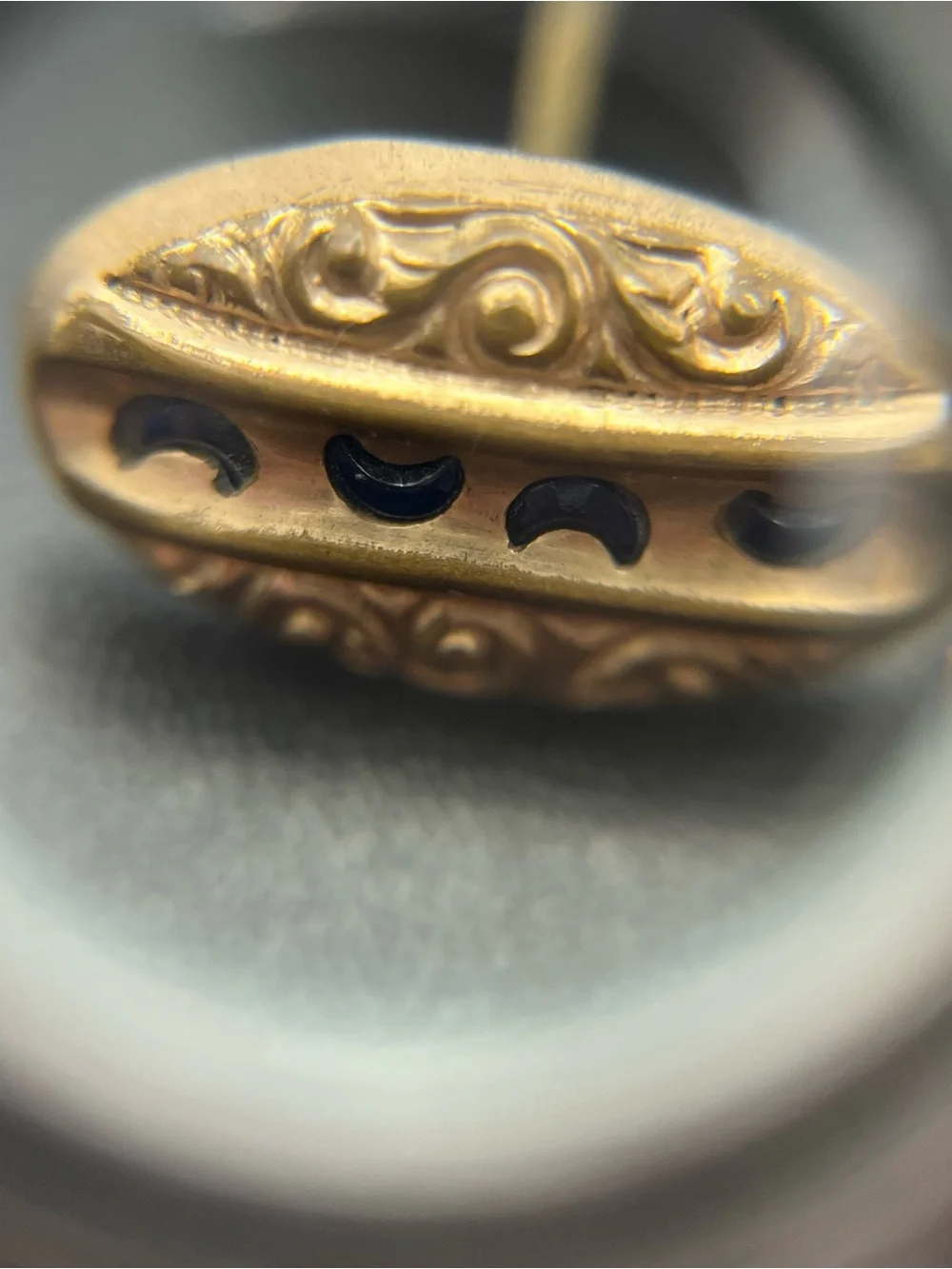 Victorian cuff links blue crescent moon scroll embossed design gold tone vintage
